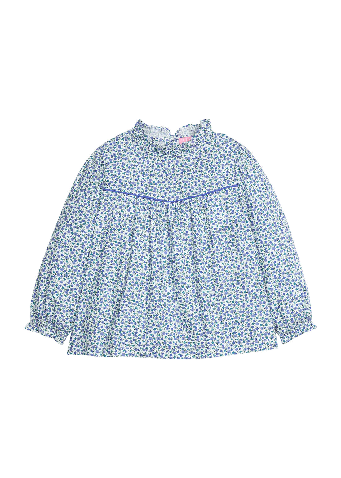 Girls/tween woven long sleeve top in a blue floral print that features a high neck ruffle neckline, button closure at back,  and a blue trim detail across the bust to elevate the look. 