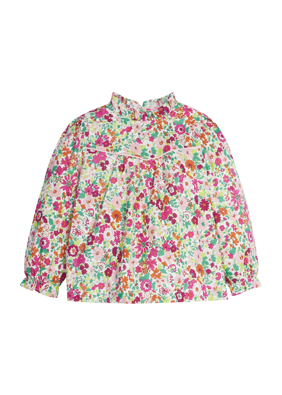 Girls/Tween top in our Magenta Floral which features a magenta/orange/pink/green floral arrangement. Top has a light pink trim detail along the bust, elastic cuffs on the sleeves, ruffles at the neckline, and there are buttons along back as well -BISBY