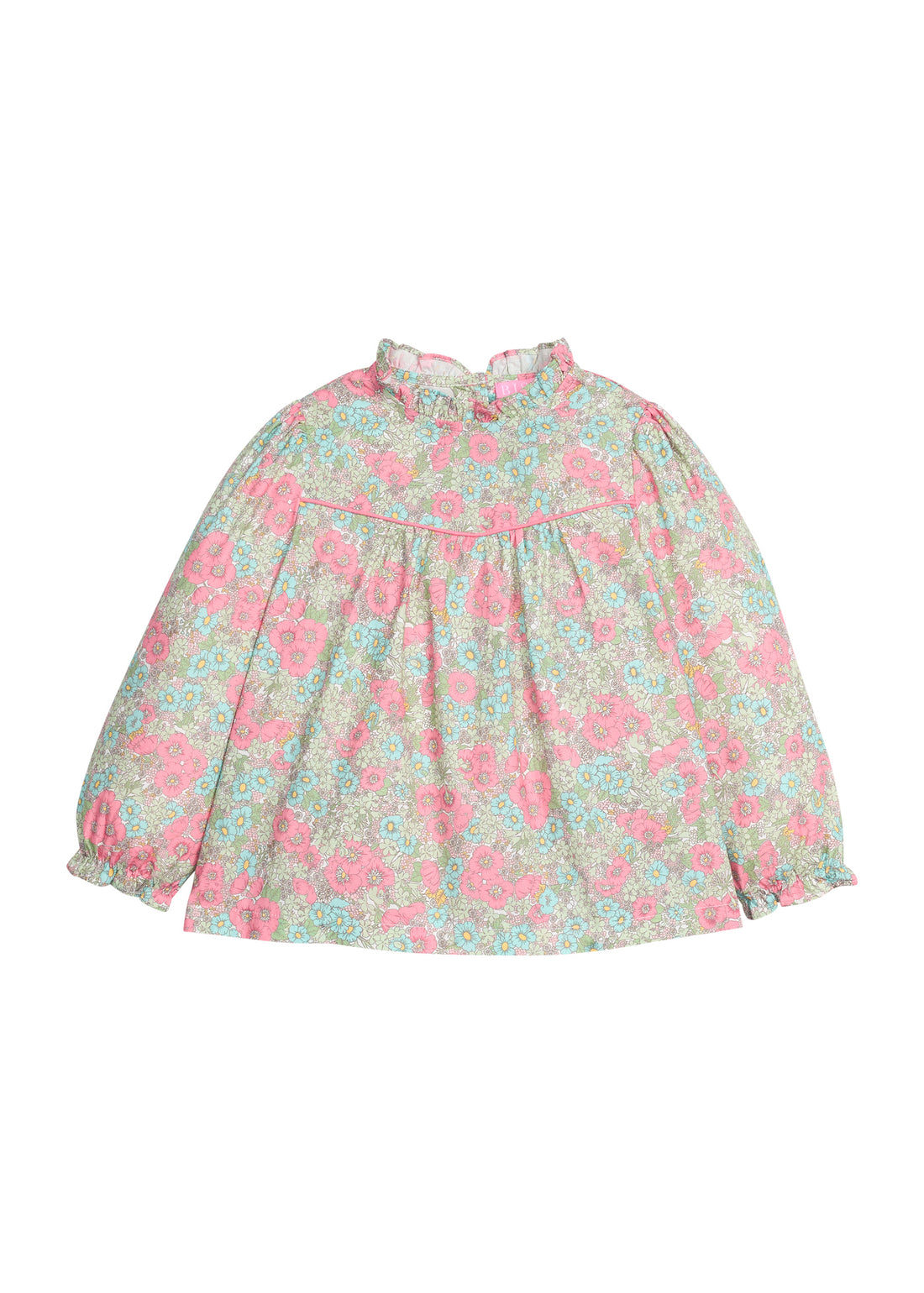 Girls/tween woven long sleeve top in a pink/green/teal floral print that features a high neck ruffle neckline, button closure at back,  and a pink trim detail across the bust to elevate the look. 
