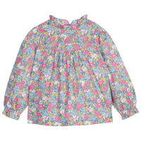 Spring color floral Long sleeve top (pink, green, blue) with light pink trim across middle of shirt and ruffle neckline--MccallTop BISBY girl/teen