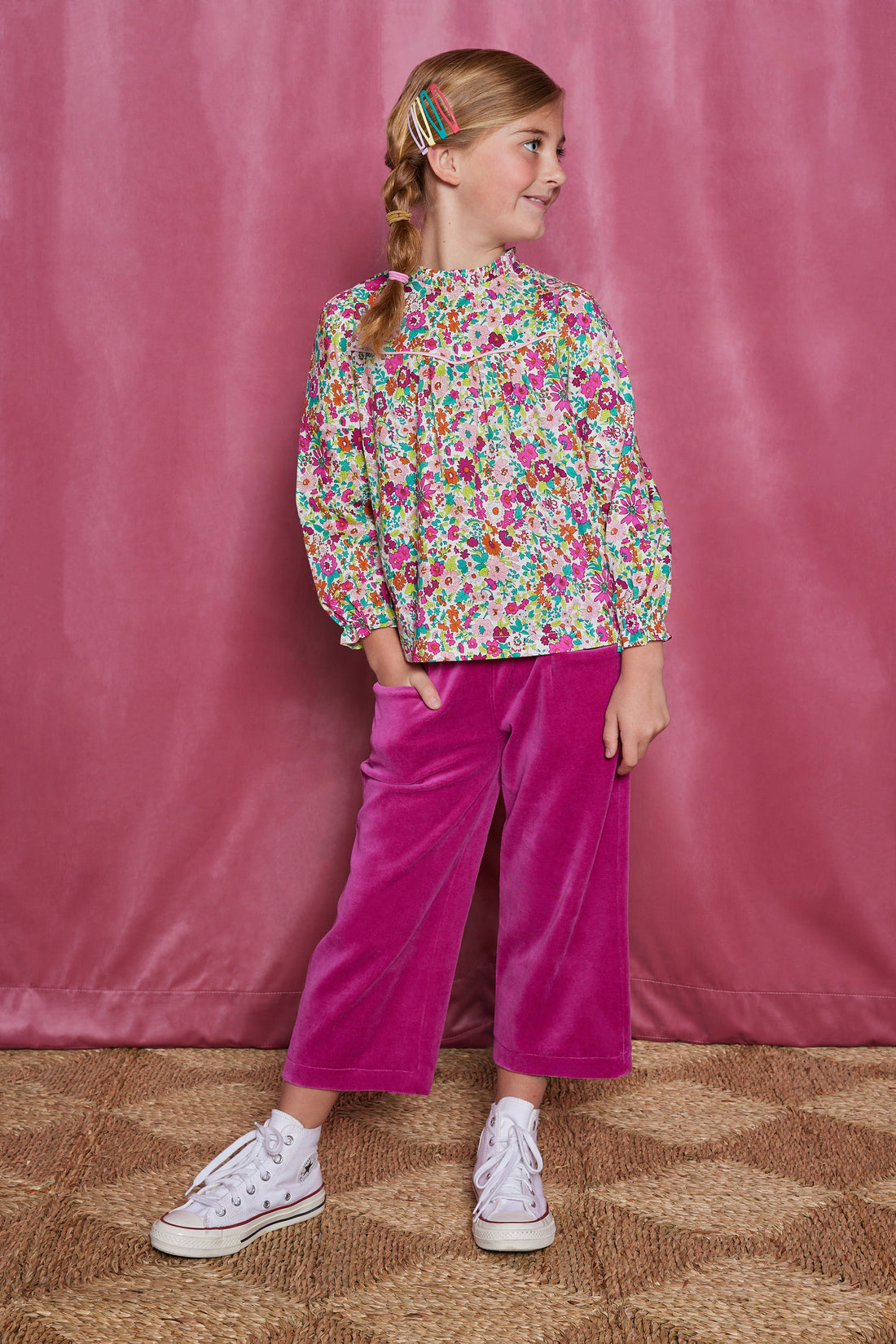 Cropped Palazzo Pants Magenta Velour BISBY