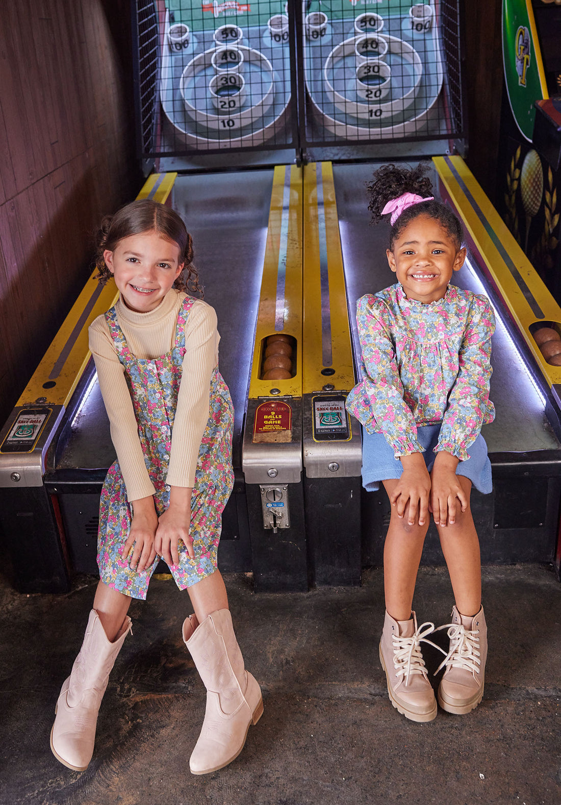 Girls wearing our Merion Floral Dress/Top paired with our essential turtleneck under dress and Blue Sherpa Mini Skirt with top-BISBY girls