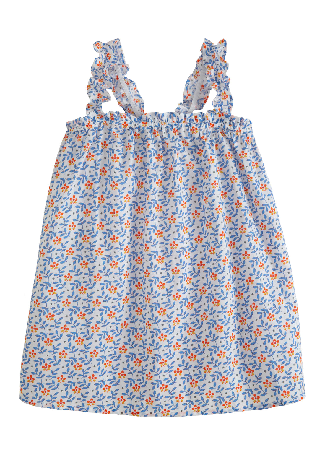 BISBY girls top with elastic neckline and straps in orange and blue blue floral pattern