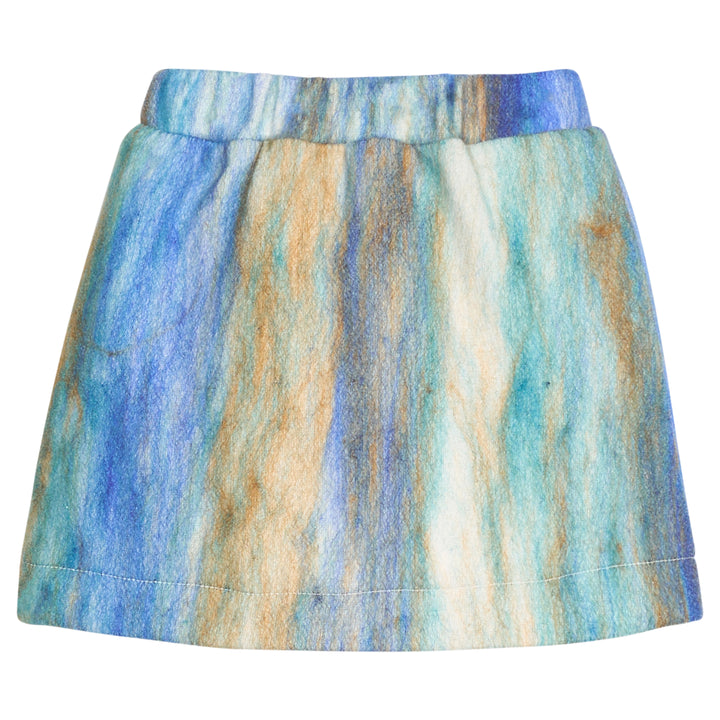 Girls/tween mini skort in a blue multi color wool material. Skort features an elastic waistband and built in shorts for a secure but relaxed fit. 