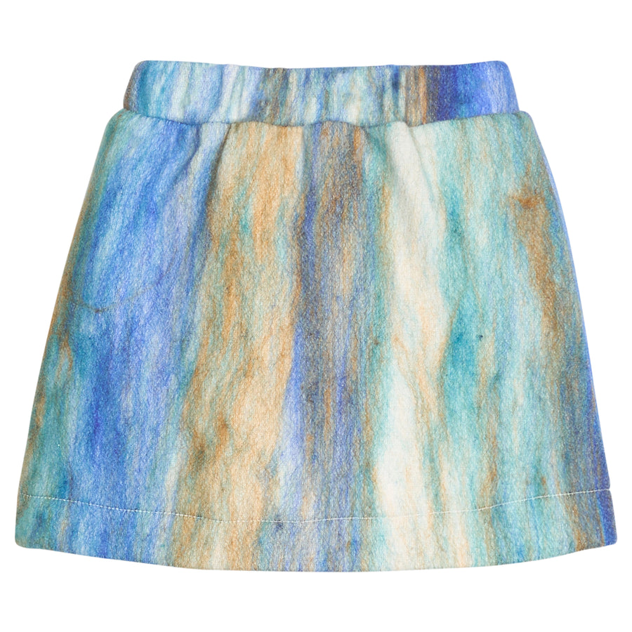Girls/tween mini skort in a blue multi color wool material. Skort features an elastic waistband and built in shorts for a secure but relaxed fit. 