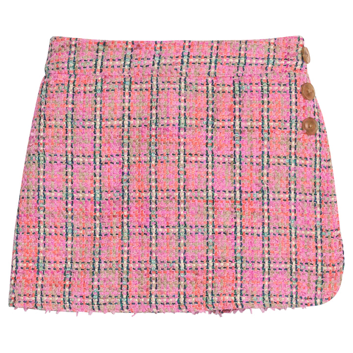 Girls pink plaid tweed skirt with fixed  button details on side of skort and built in shorts for a relaxed but secure fit. 