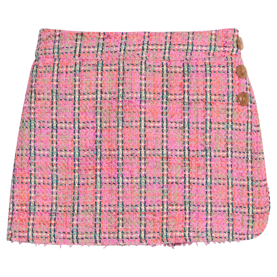 Girls pink plaid tweed skirt with fixed  button details on side of skort and built in shorts for a relaxed but secure fit. 