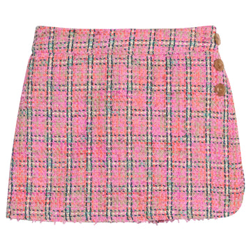 Girls pink plaid tweed skirt with fixed  button details on side of skort and built in shorts for a relaxed but secure fit. 