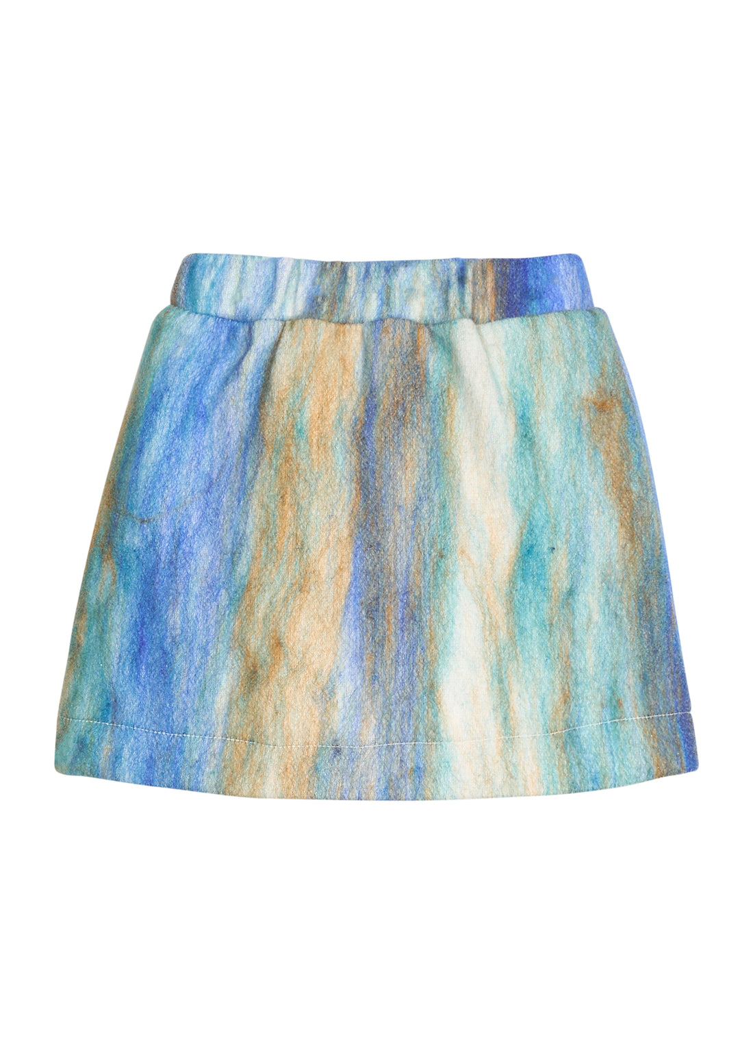 Girls/tween mini skort in a blue multi color wool material. Skort features an elastic waistband and built in shorts for a secure but relaxed fit. 