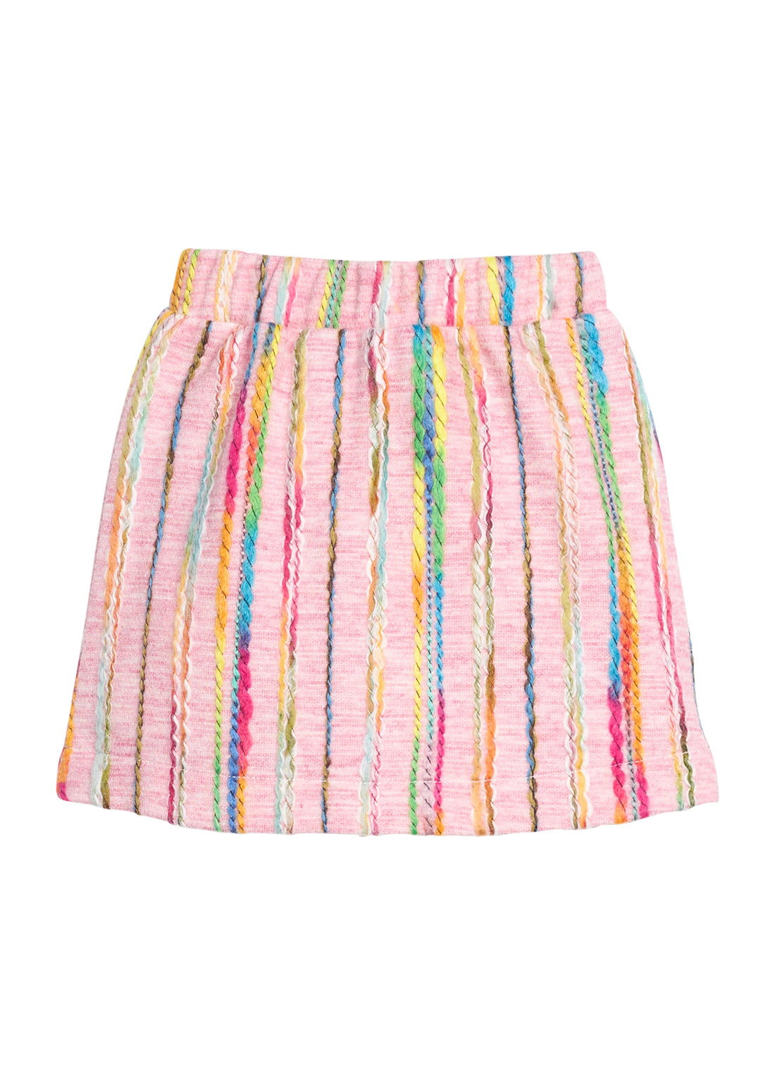 Girls/tween mini skort in a pink multi color wool material. Skort features an elastic waistband and built in shorts for a secure but relaxed fit. 