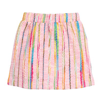 Girls/tween mini skort in a pink multi color wool material. Skort features an elastic waistband and built in shorts for a secure but relaxed fit. 