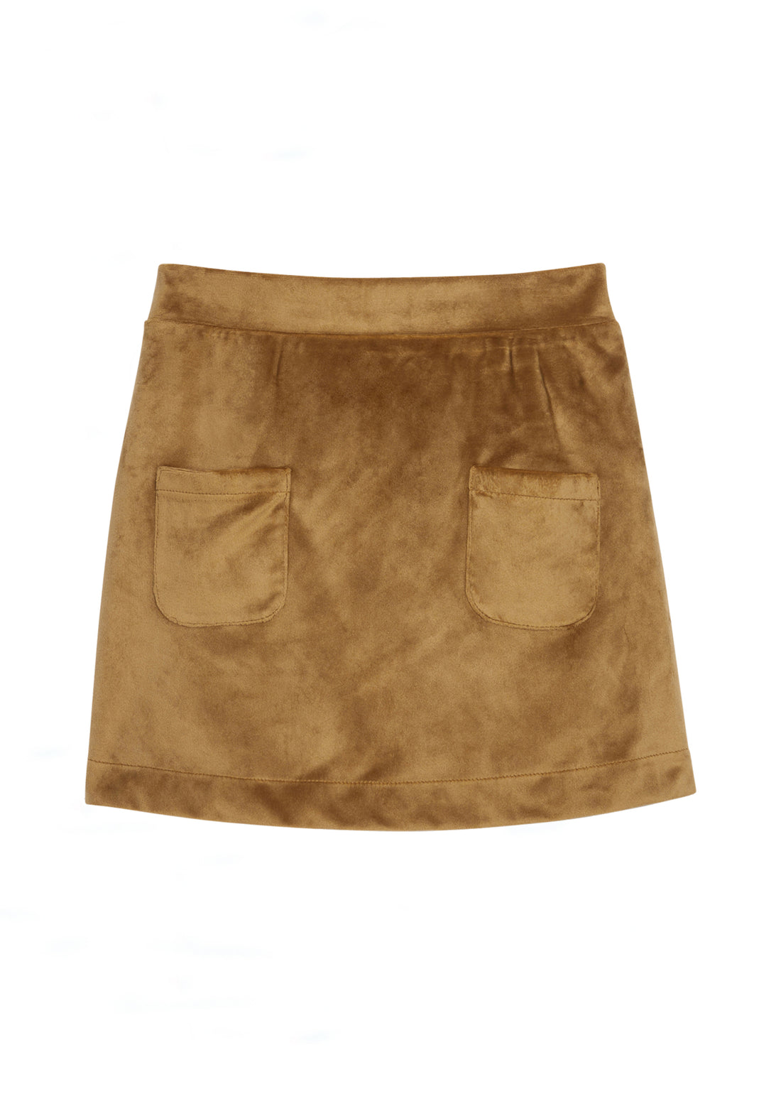 Girls/Tween skort in our brown faux suede material. Skort features an elastic waistband with built in shorts and also has 2 pockets on the front of the skirt-BISBY