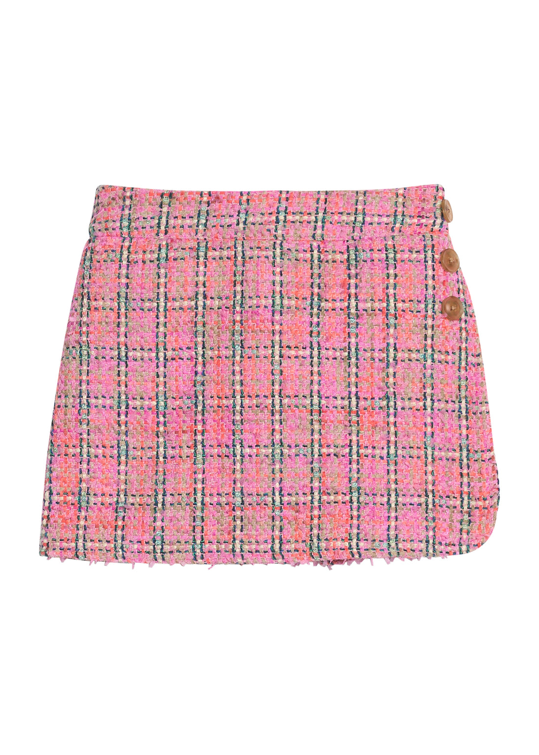 Girls pink plaid tweed skirt with fixed  button details on side of skort and built in shorts for a relaxed but secure fit. 