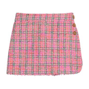 Girls pink plaid tweed skirt with fixed  button details on side of skort and built in shorts for a relaxed but secure fit. 