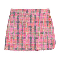 Girls pink plaid tweed skirt with fixed  button details on side of skort and built in shorts for a relaxed but secure fit. 