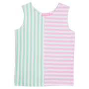 Girl tank top with vertical green and white stripes on right half of shirt and horizontal pink and white stripes on the left side of the shirt. 
