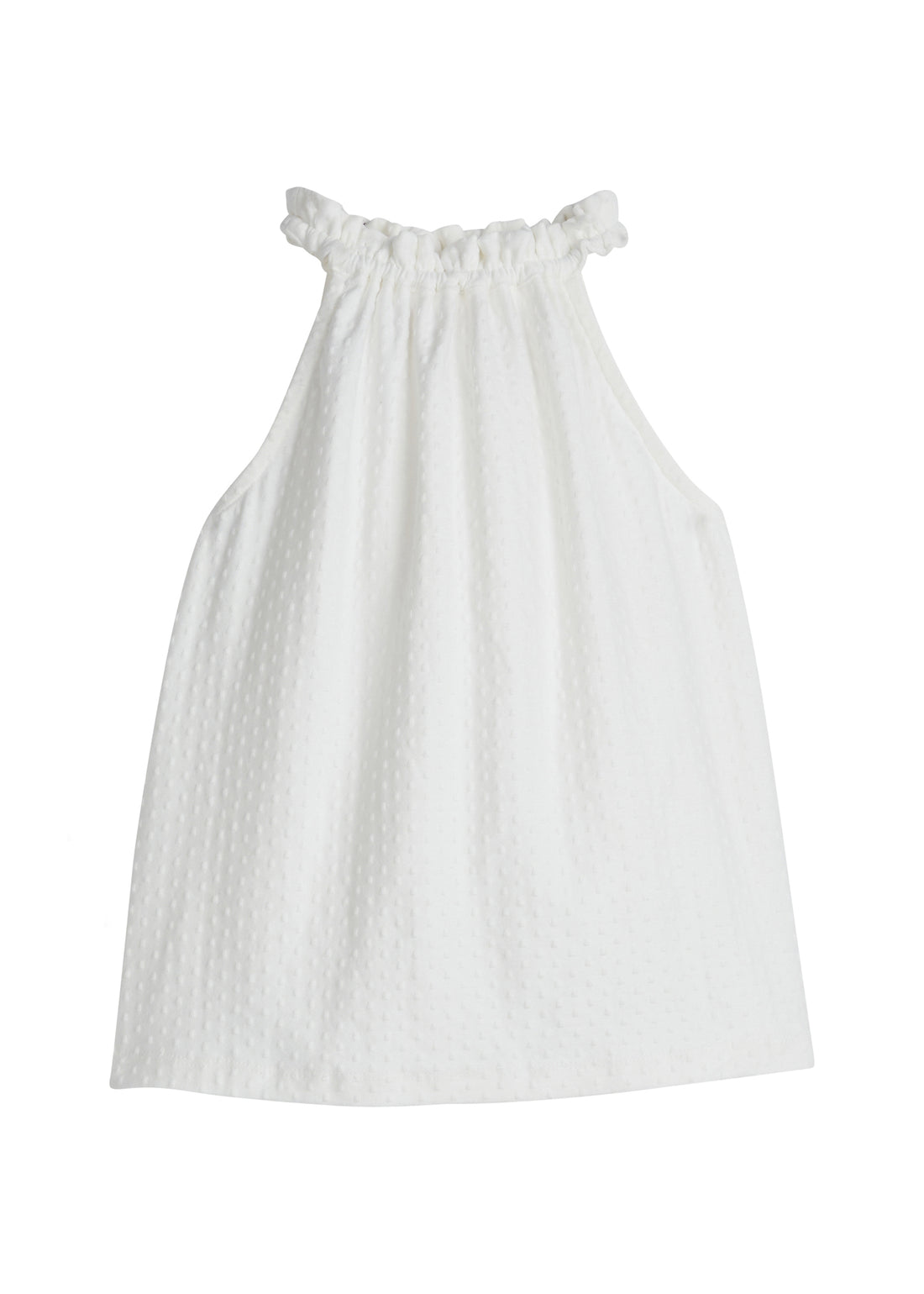 Girls/Tween sleeveless top in a white pointelle. Top features a halter neckline that is elastic so it is comfy and stretchy and also has button closure along back for a secure but relaxed fit.