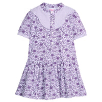 Girls purple floral dress with cable knit lavender accents at the collar and sleeves. Dress also features button closure down the front for easy put on access. 