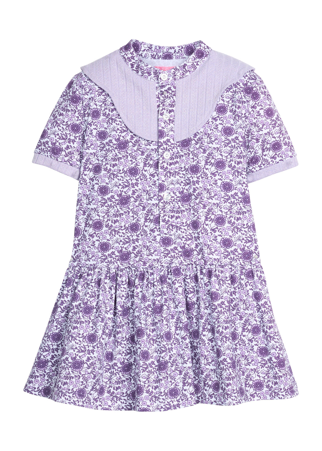 Girls purple floral dress with cable knit lavender accents at the collar and sleeves. Dress also features button closure down the front for easy put on access. 