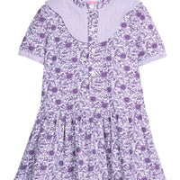 Girls purple floral dress with cable knit lavender accents at the collar and sleeves. Dress also features button closure down the front for easy put on access. 