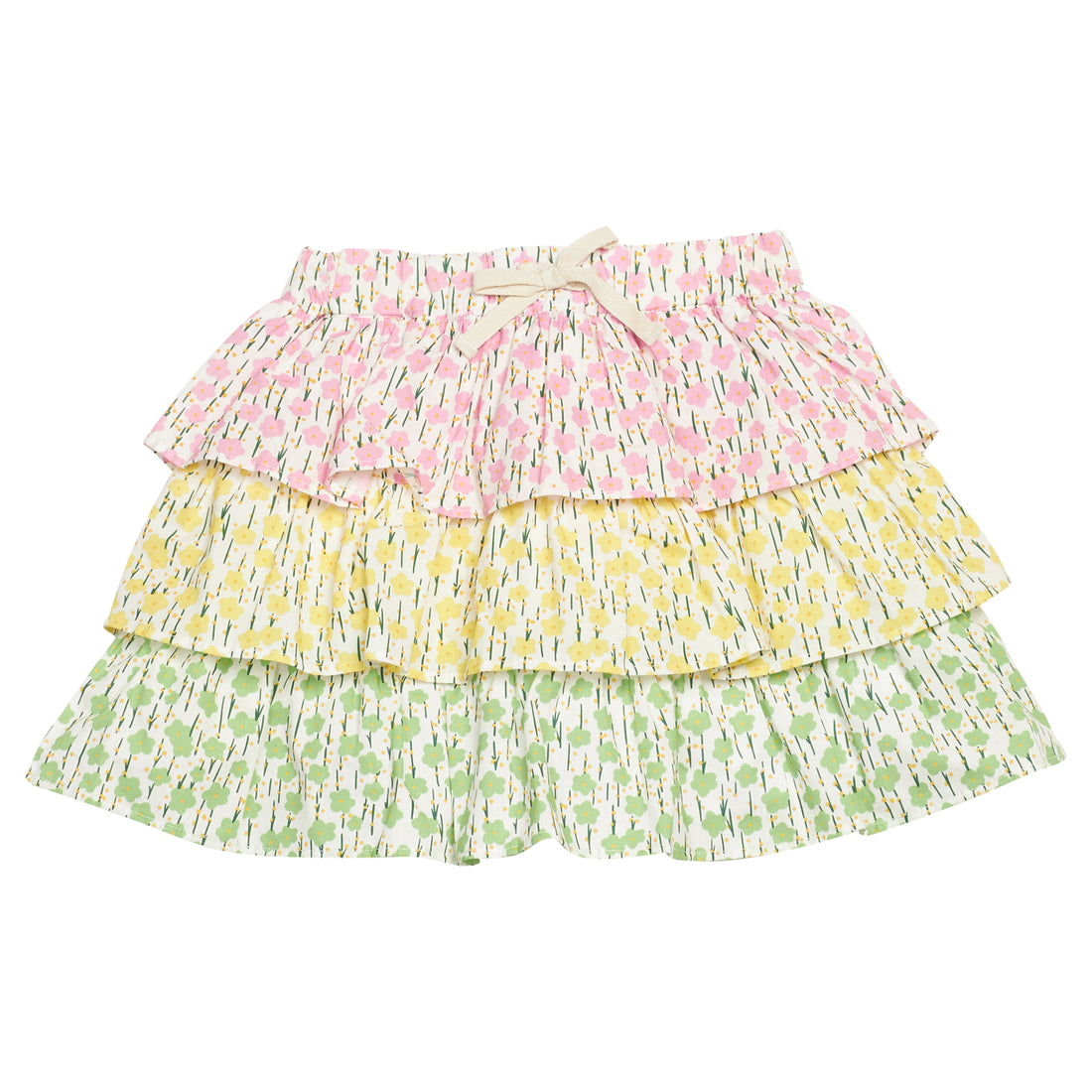 BISBY girl three tiered woven skort. Skort features pink floral print top tier, yellow floral print middle tier, and green floral print bottom tier, built in shorts, and an elastic waistband for an elevated look.