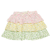 BISBY girl three tiered woven skort. Skort features pink floral print top tier, yellow floral print middle tier, and green floral print bottom tier, built in shorts, and an elastic waistband for an elevated look.
