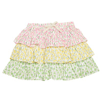 BISBY girl three tiered woven skort. Skort features pink floral print top tier, yellow floral print middle tier, and green floral print bottom tier, built in shorts, and an elastic waistband for an elevated look.
