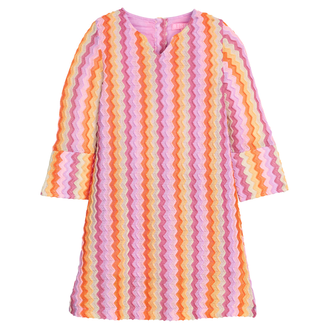 Girls/tween colorful striped dress with a zigzag pattern that features a button closure at back and slight v-neck neckline for an elevated look. 
