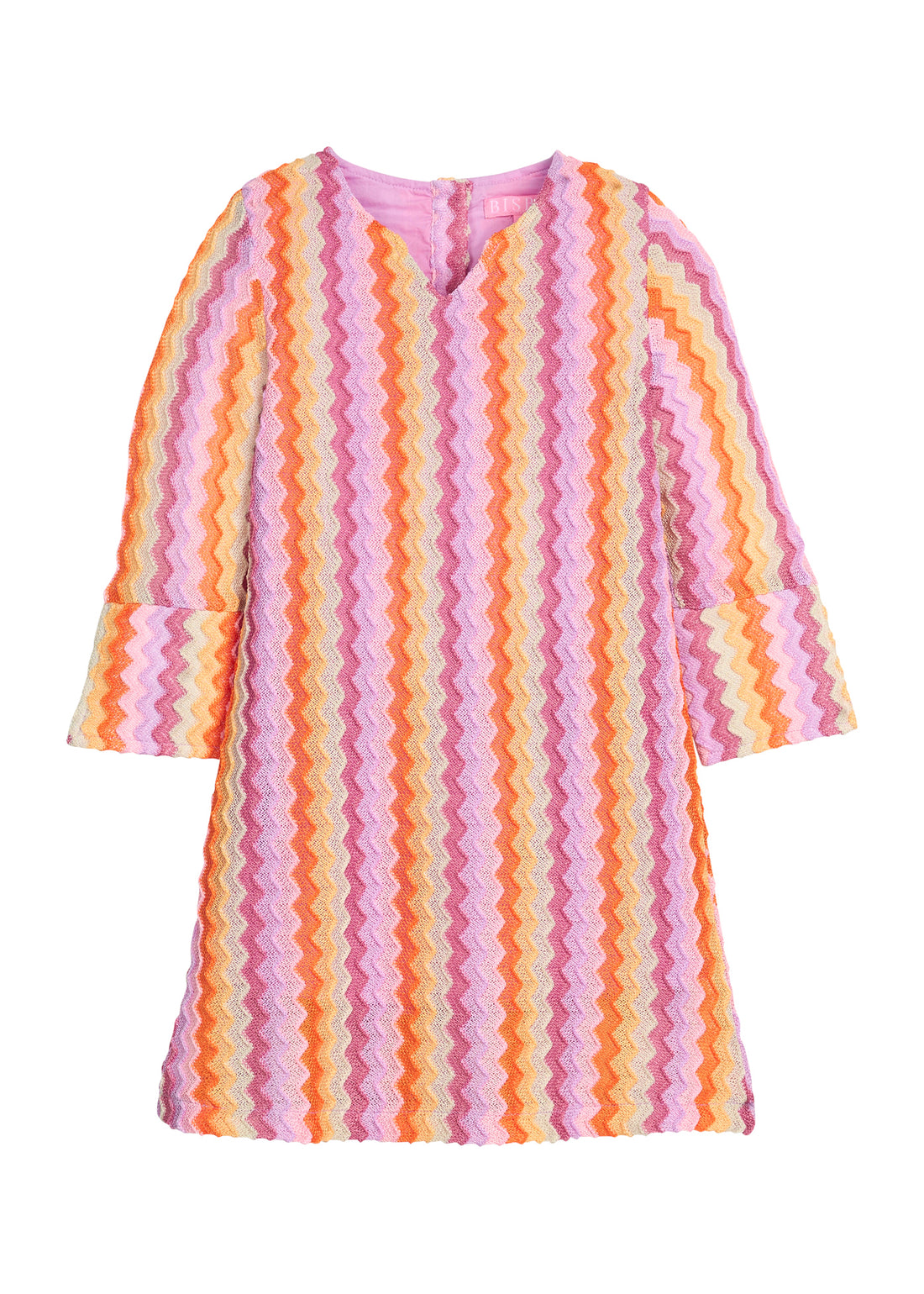 Girls/tween colorful striped dress with a zigzag pattern that features a button closure at back and slight v-neck neckline for an elevated look. 