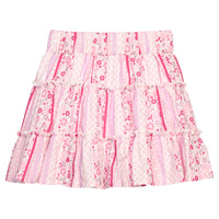 BISBY girl woven skort in a pink/purple/white floral pattern. Skort features outside surging detail along tiers and an elastic waistband for an elevated and secure fit/look. 