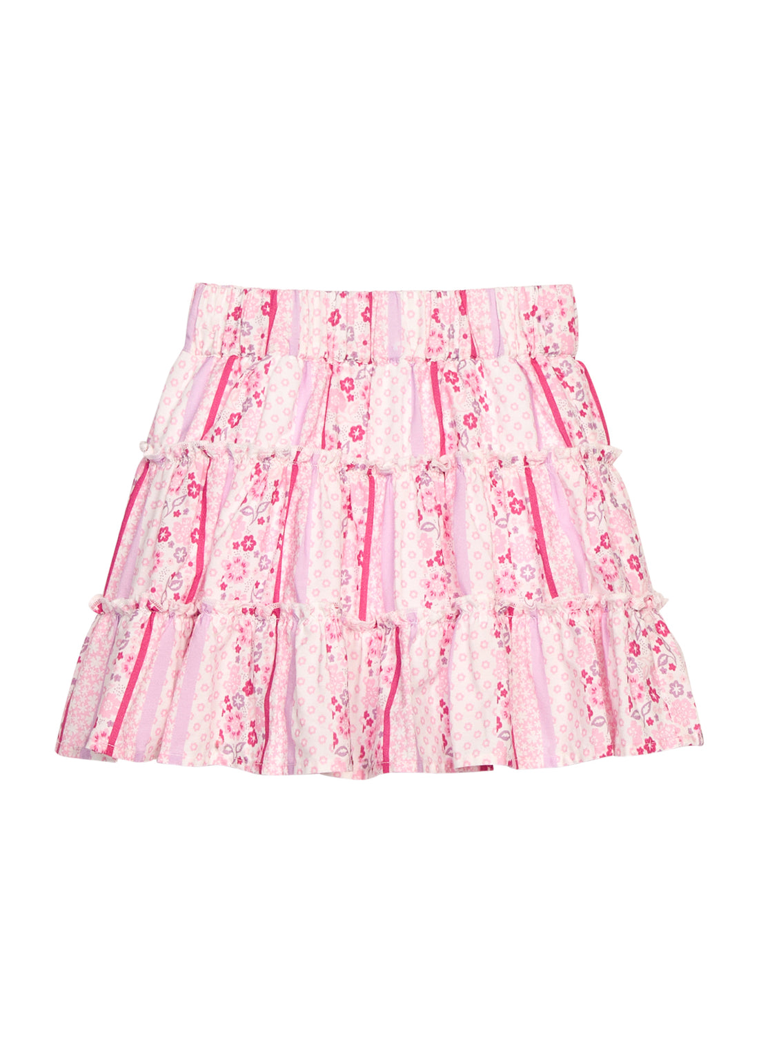 BISBY girl woven skort in a pink/purple/white floral pattern. Skort features outside surging detail along tiers and an elastic waistband for an elevated and secure fit/look.