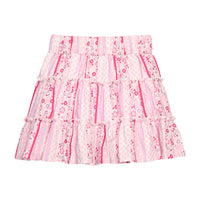 BISBY girl woven skort in a pink/purple/white floral pattern. Skort features outside surging detail along tiers and an elastic waistband for an elevated and secure fit/look.