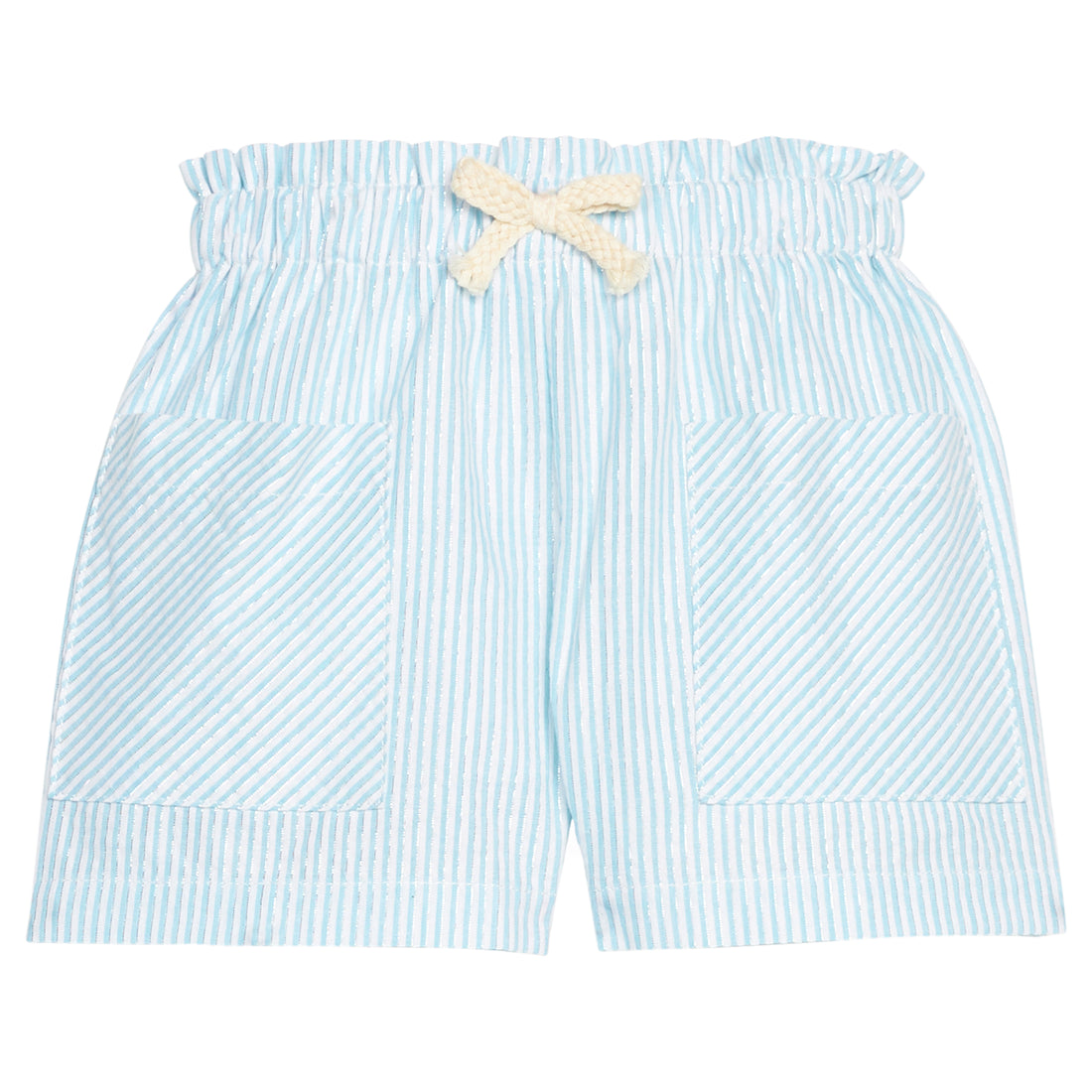 BISBY girl woven patch pocket shorts in an aqua/white stripe seersucker fabric. Shorts feature a faux tie, elastic waistband, and two pockets in the front for an elevated fit. 