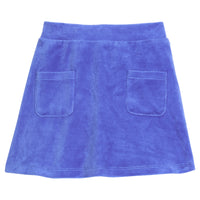 Girls/Tween skort in our royal blue velour material. Skort features an elastic waistband with built in shorts and also has 2 pockets on the front of the skirt-BISBY