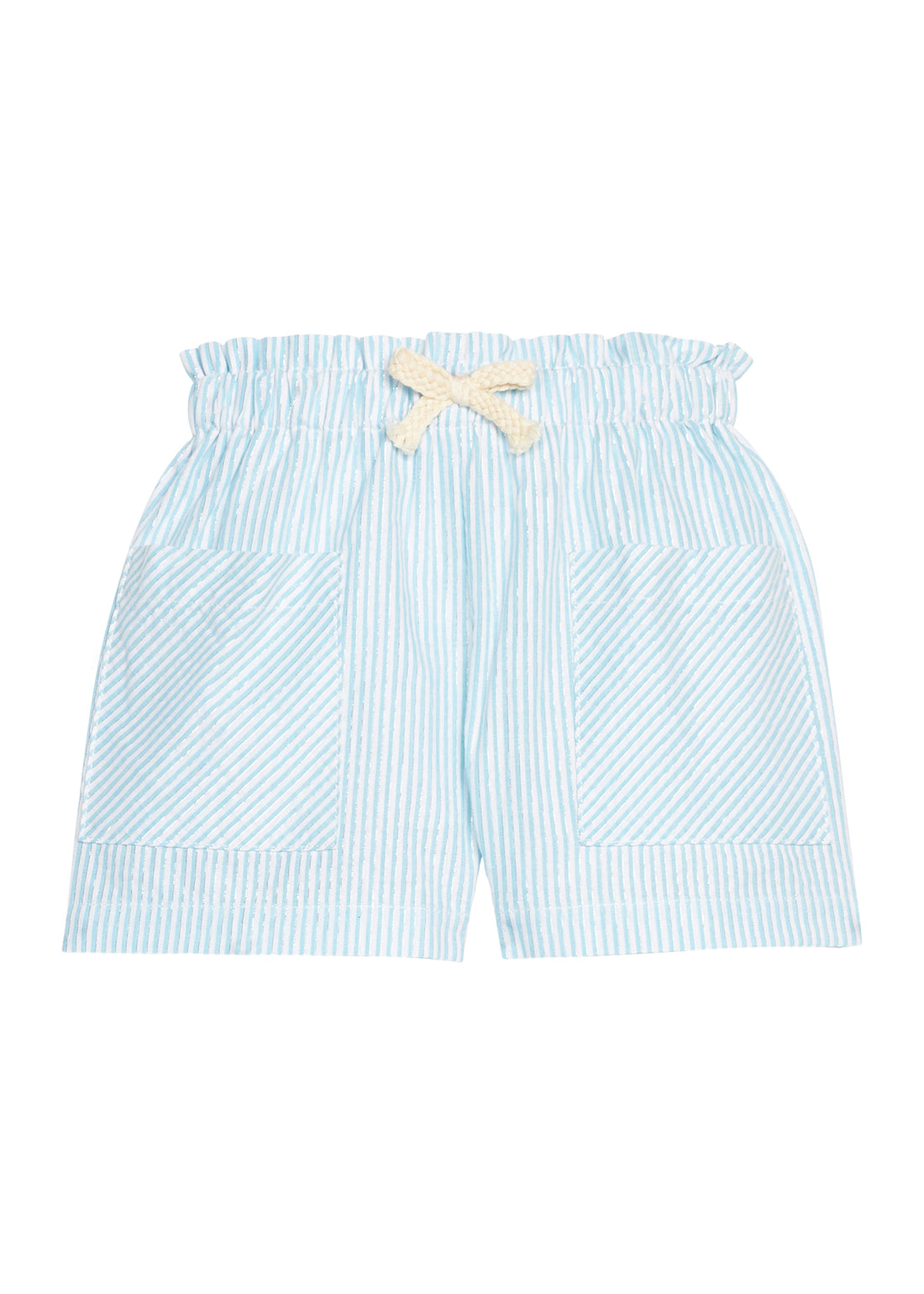 BISBY girl woven patch pocket shorts in an aqua/white stripe seersucker fabric. Shorts feature a faux tie, elastic waistband, and two pockets in the front for an elevated fit. 