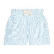 BISBY girl woven patch pocket shorts in an aqua/white stripe seersucker fabric. Shorts feature a faux tie, elastic waistband, and two pockets in the front for an elevated fit. 