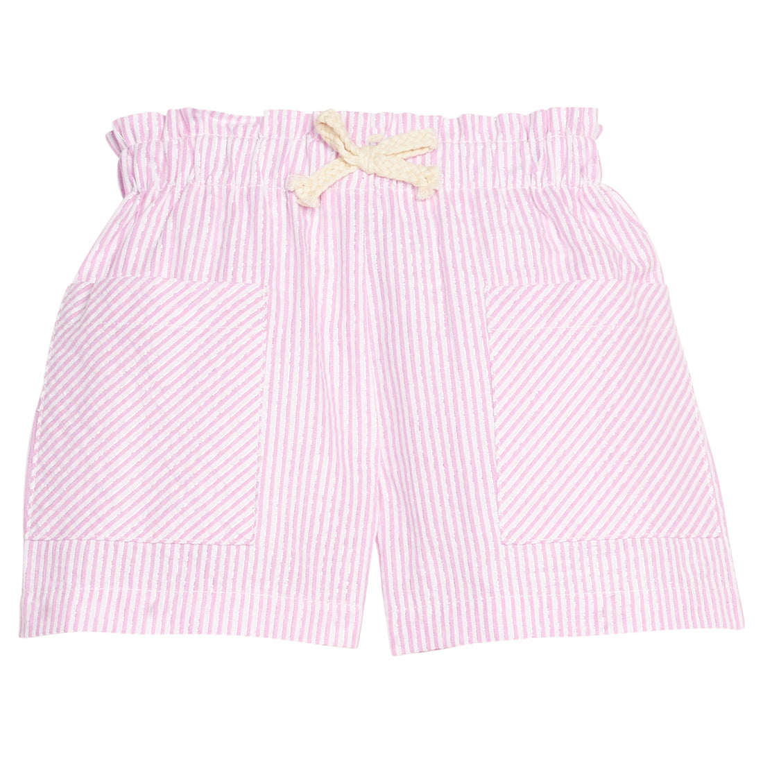 BISBY girl woven patch pocket shorts in an pink/white stripe seersucker fabric. Shorts feature a faux tie, elastic waistband, and two pockets in the front for an elevated fit. 
