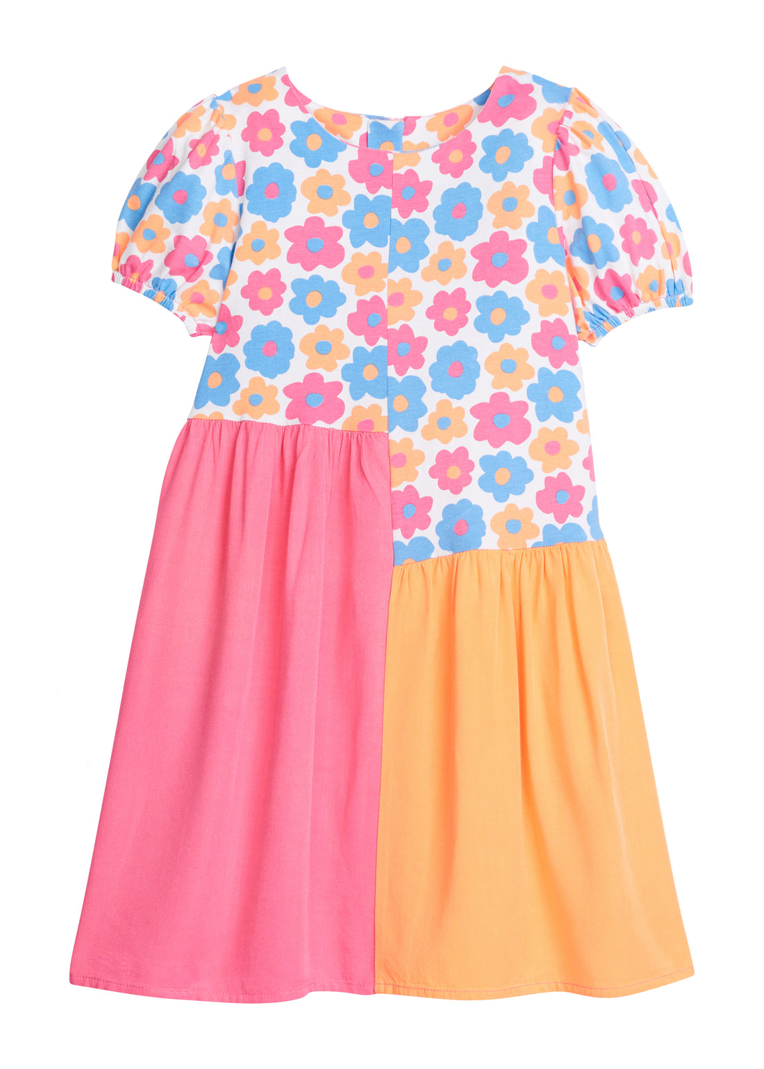 Girl asymmetrical cut dress, with top portion of dress printed in an orange, pink, and blue floral print with elastic cuffs on sleeves. The bottom half of the dress is color blocked with the right side of the dress ending in a hot pink and left side of the dress in orange. 