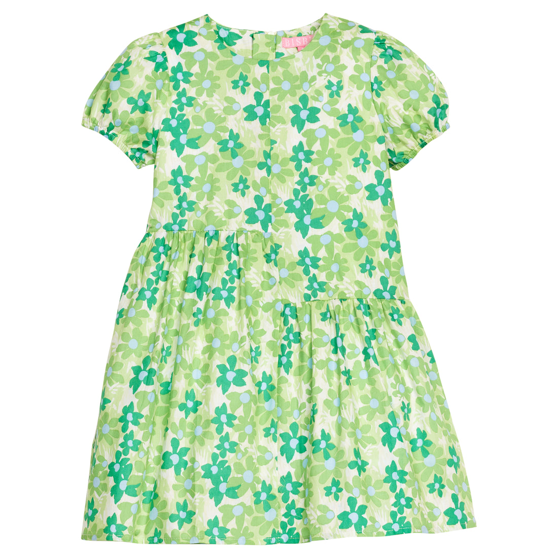 BISBY girl woven dress in a green/light blue floral print. Dress features an asymmetrical cut body, elastic cuffs at sleeves, and a zipper closure along back of dress. 
