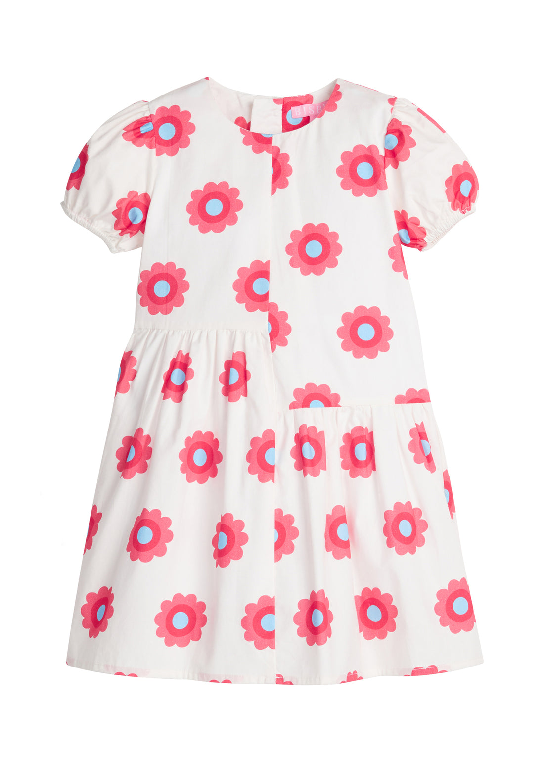 Girls/Tween woven asymmetrical cut dress in white with big red/blue flowers printed on it. The cuffs at sleeves are elastic and there is a zipper along back for a relaxed but secure fit. 