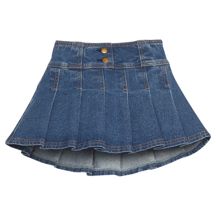 Girls/tween pleated denim skirt with two faux gold buttons. Skort features an elastic waistband and built in shorts for a relaxed but secure fit. 