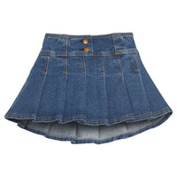 Girls/tween pleated denim skirt with two faux gold buttons. Skort features an elastic waistband and built in shorts for a relaxed but secure fit. 