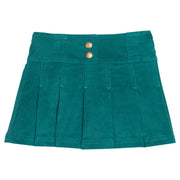Girls/tween pleated green velvet skort with two faux gold buttons. Skort features an elastic waistband and built in shorts for a relaxed but secure fit. 
