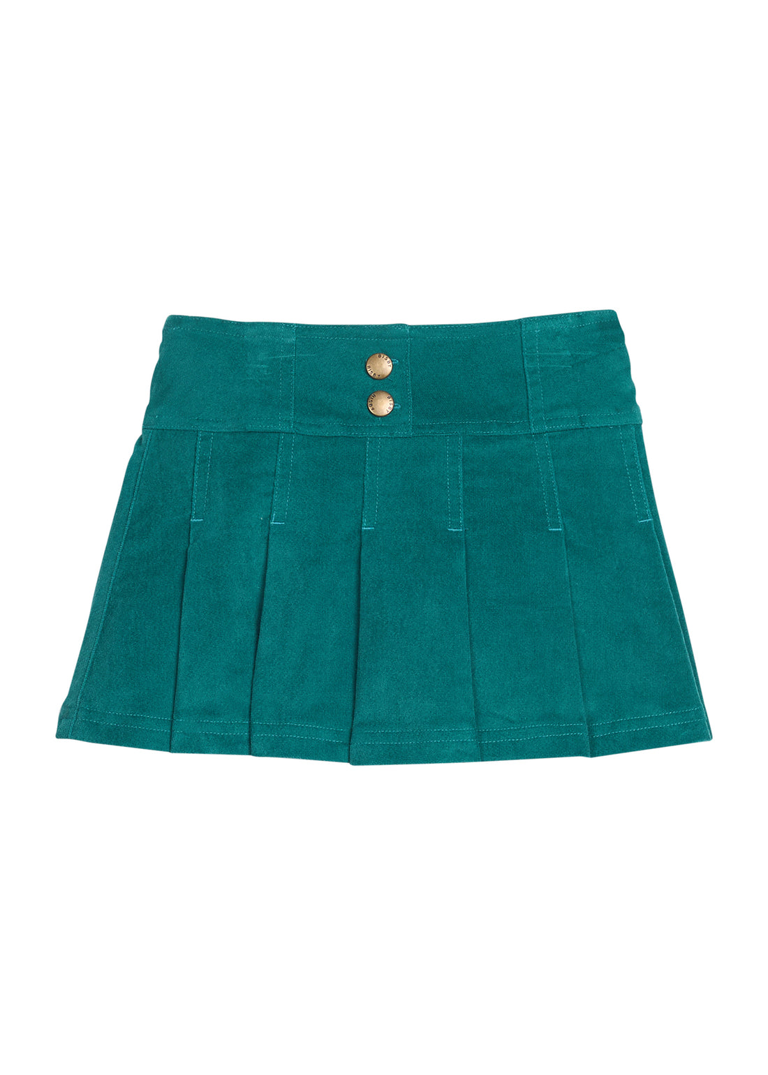 Girls/tween pleated green velvet skort with two faux gold buttons. Skort features an elastic waistband and built in shorts for a relaxed but secure fit. 