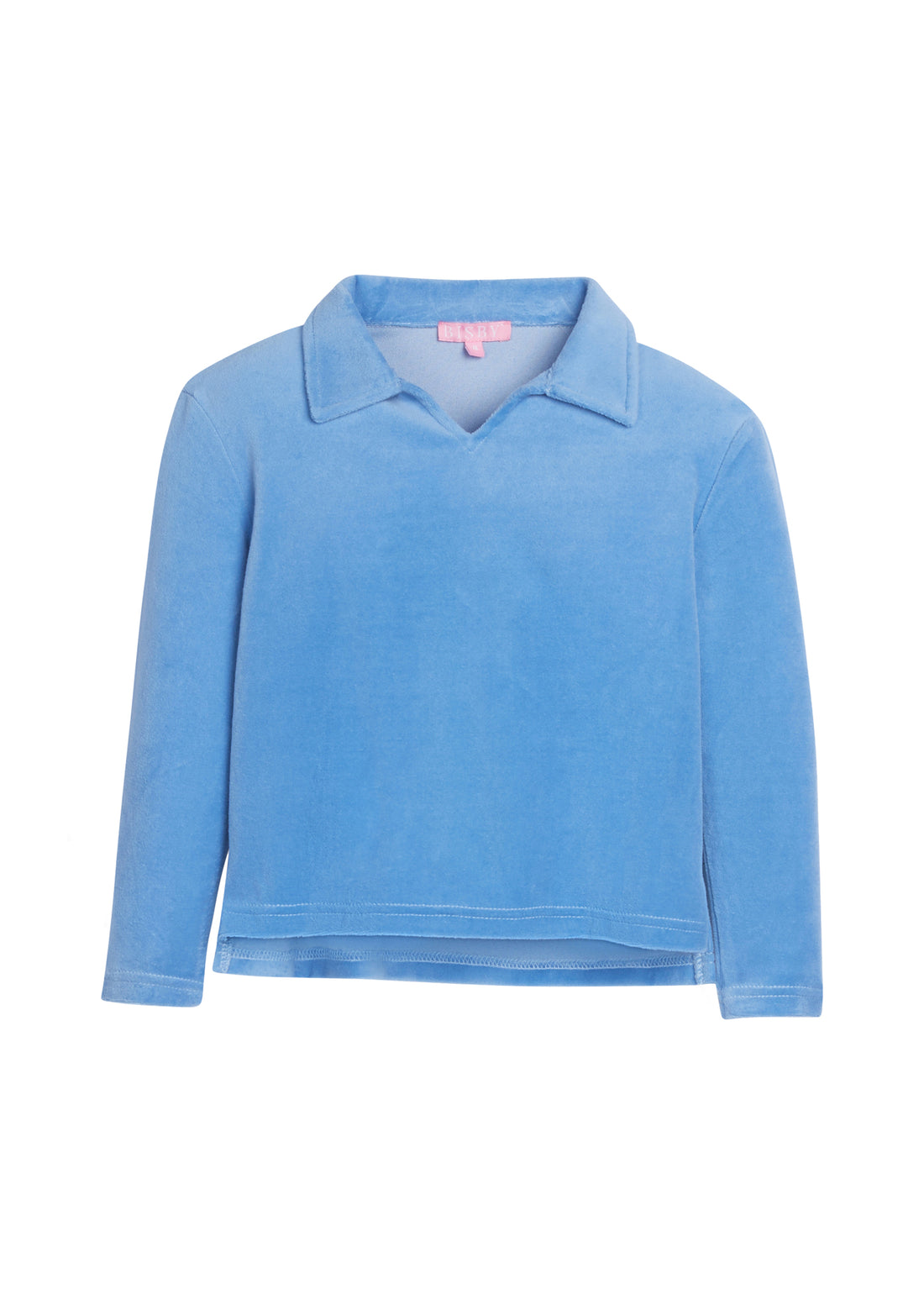Girls/Tween pullover in our French Blue Velour. Pullover has a slight v-neck neckline and a collar. Fabric is a super soft velour for a comfy and relaxed fit-BISBY