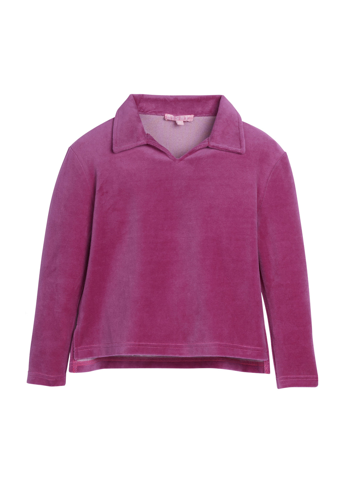 Girls/Tween pullover in our Magenta Velour. Pullover has a slight v-neck neckline and a collar. Fabric is a super soft velour for a comfy and relaxed fit-BISBY