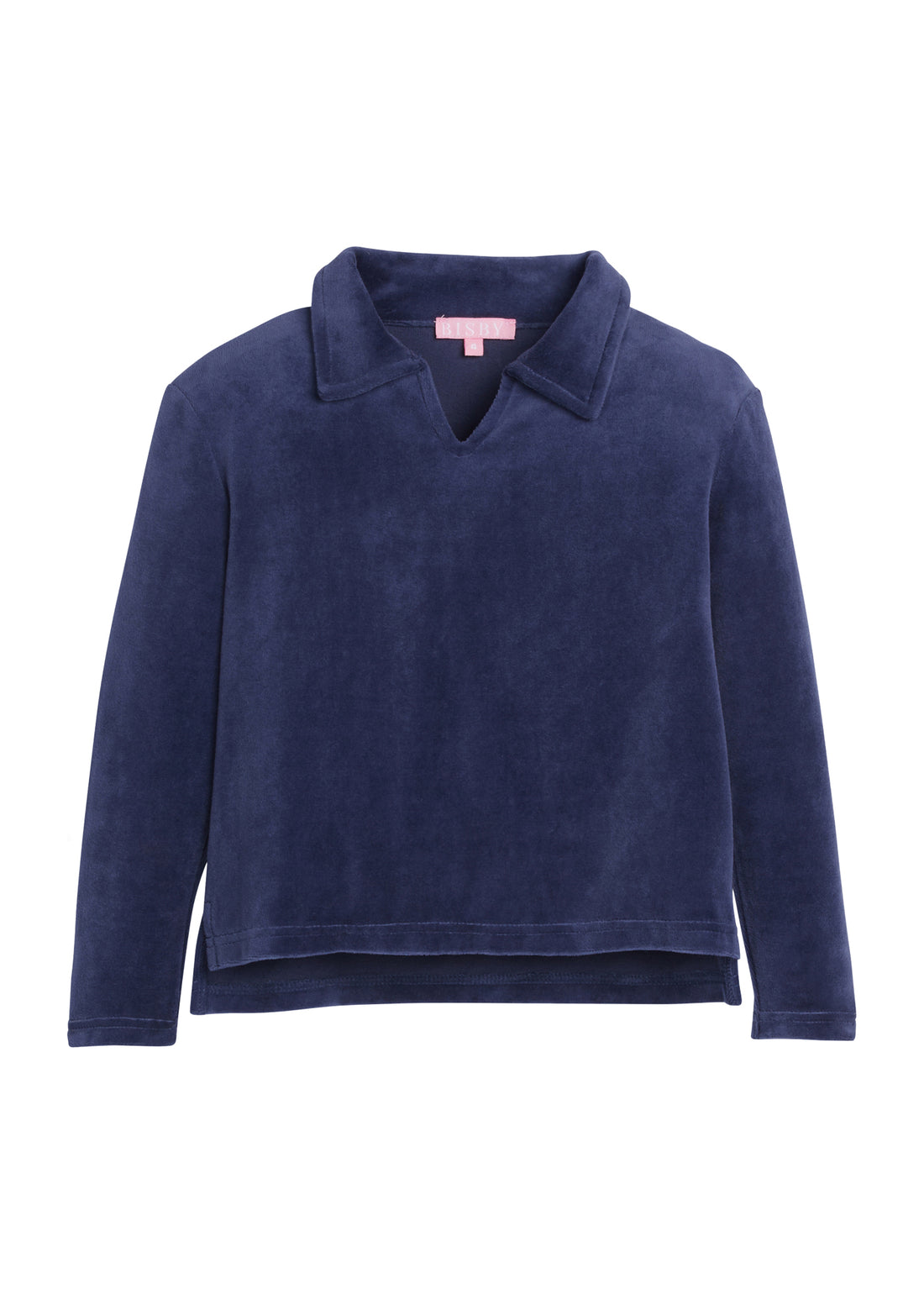 Girls/Tween pullover in our Navy Velour. Pullover has a slight v-neck neckline and a collar. Fabric is a super soft velour for a comfy and relaxed fit-BISBY