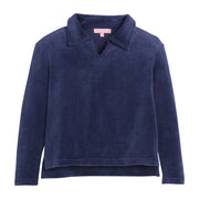 Girls/Tween pullover in our Navy Velour. Pullover has a slight v-neck neckline and a collar. Fabric is a super soft velour for a comfy and relaxed fit-BISBY