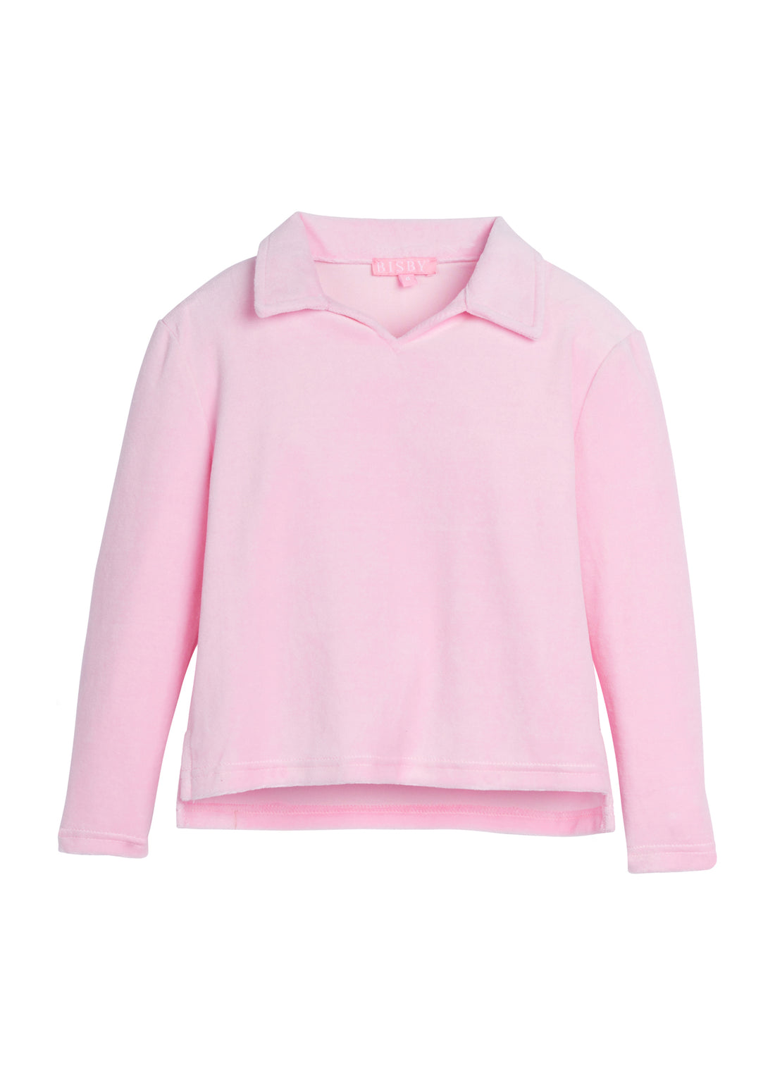 Girls/Tween pullover in our Light Pink Velour. Pullover has a slight v-neck neckline and a collar. Fabric is a super soft velour for a comfy and relaxed fit-BISBY
