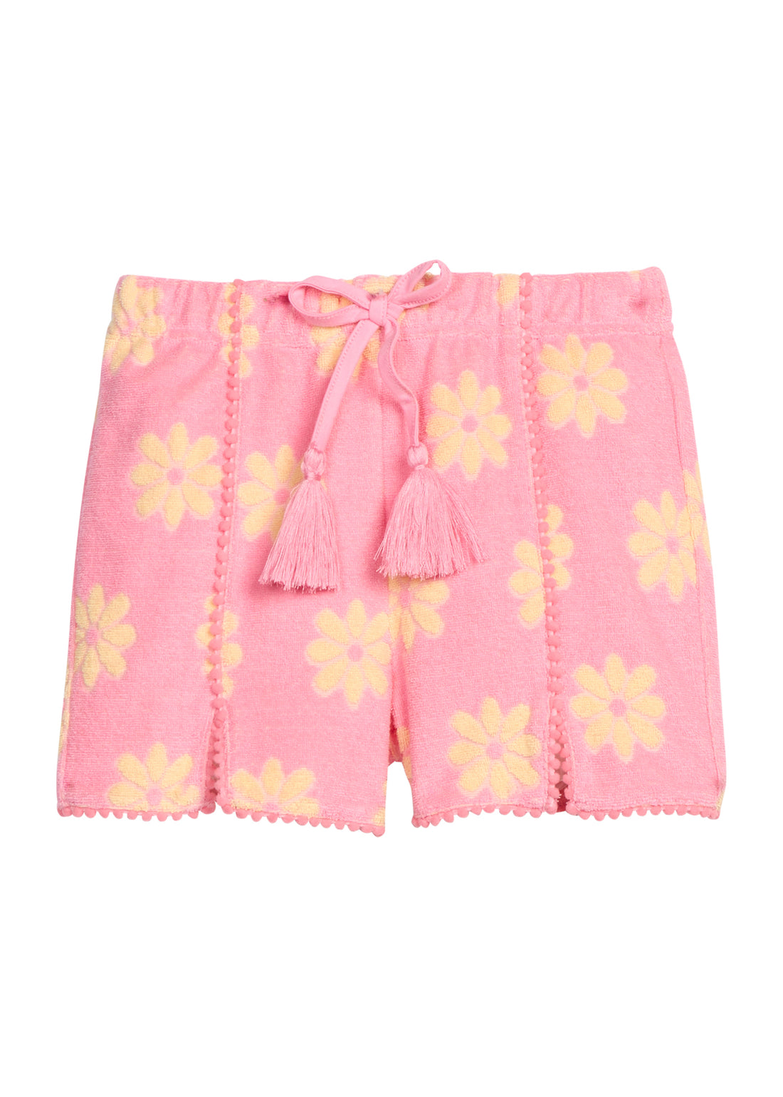 BISBY girl knit terry shorts in bubblegum pink/yellow floral print. Shorts feature pink pom pom detail along front of short and faux tie tassel for an elevated look.